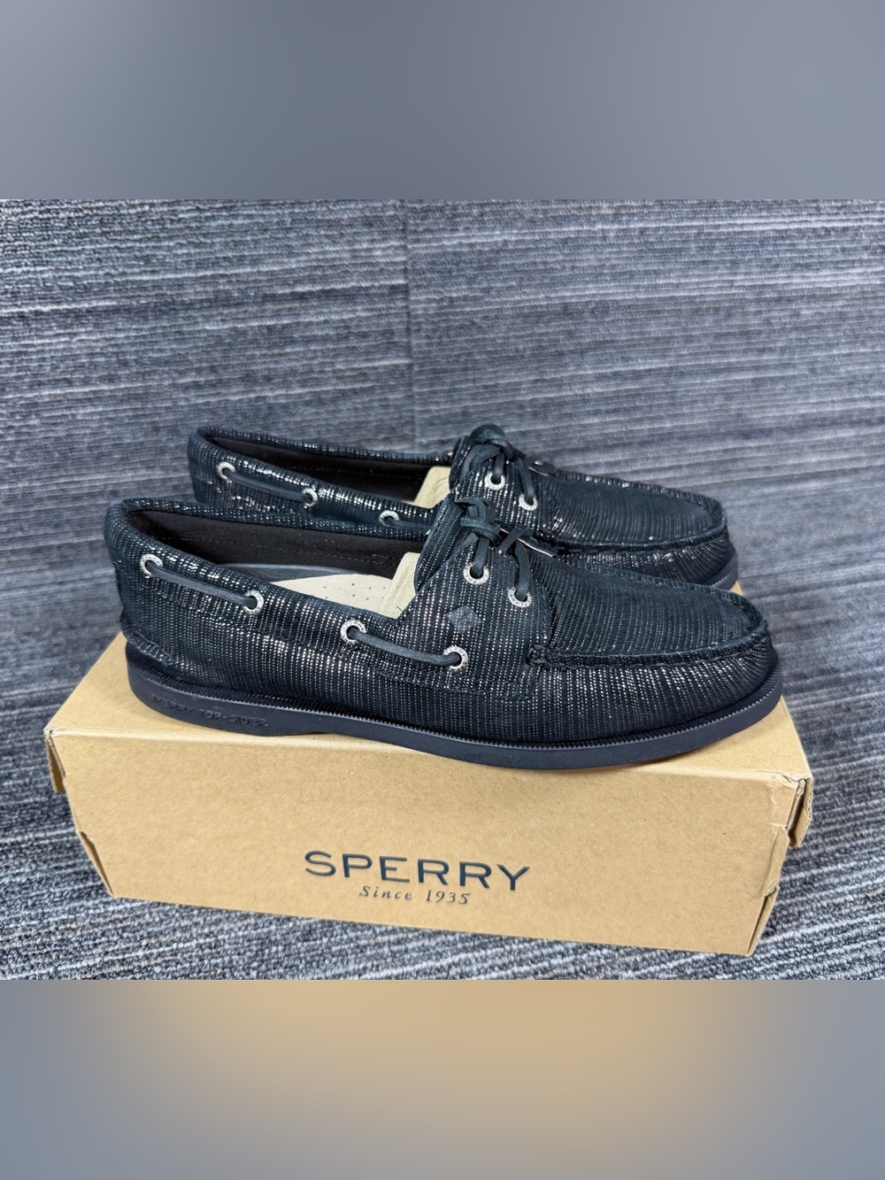 Sperry A/O 2-Eye Metalic Stripped Black Boat Shoes STS97151 Women’s 6.5 M New